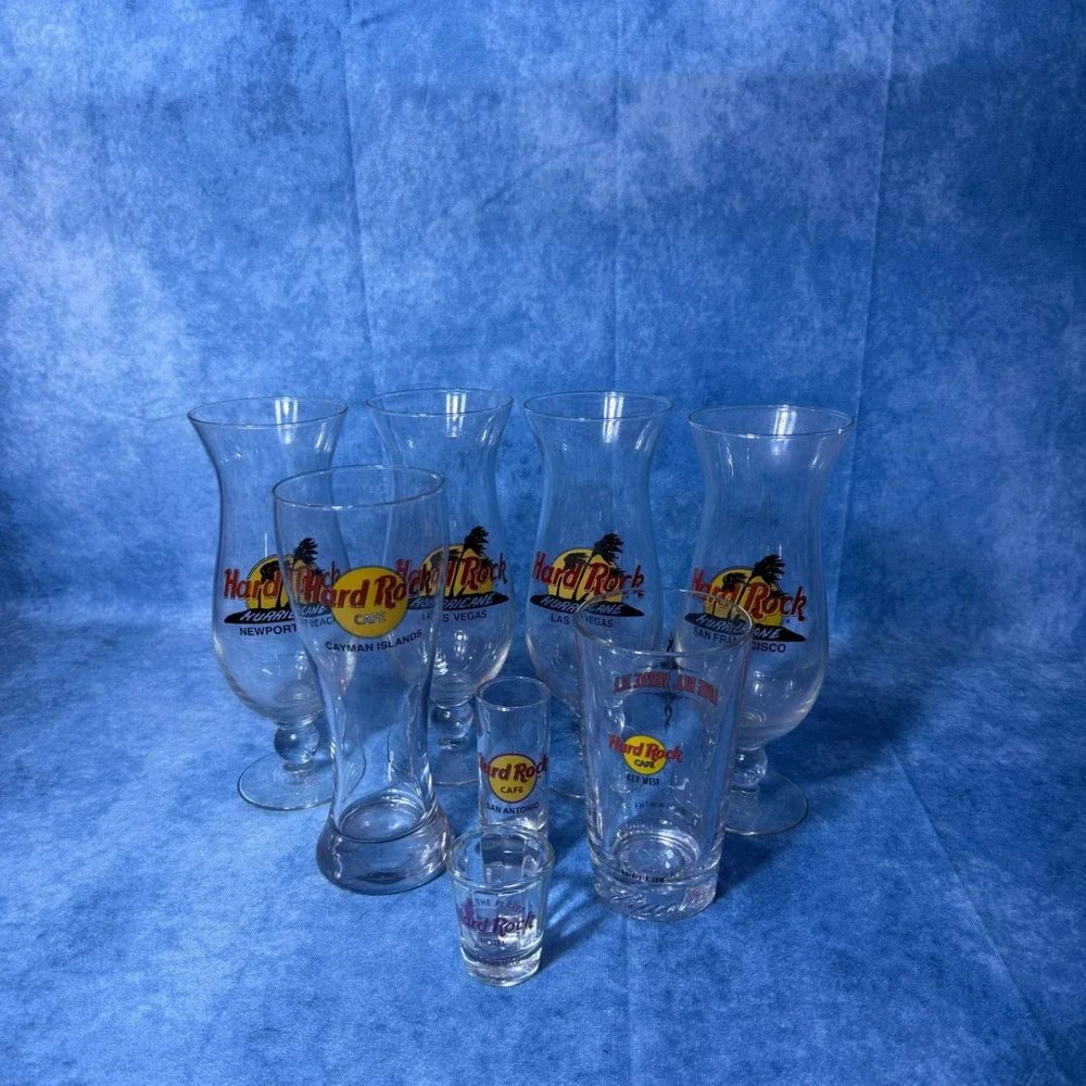 Hard Rock Cafe Souvenir Glassware Lot 8pc Hurricane Pilsner Shot Glasses Mixed